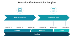 Transition plan template with two horizontal blue arrow placed side by side. It is divided into six quarters, with labels.