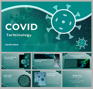 Slide deck with green gradient background showing virus illustrations, and sections on prevention and public health.