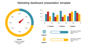 PPT template featuring a marketing dashboard with a colorful pie chart, bar graph, and progress bars for data presentation.