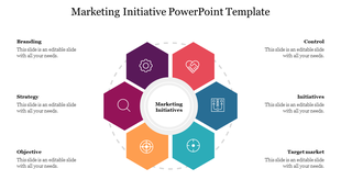 Circular layout with six colorful hexagons around a central circle, representing marketing initiatives.