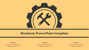 Black gear icon with crossed tools on a yellow background, with text and captions below for a mechanic themed template.