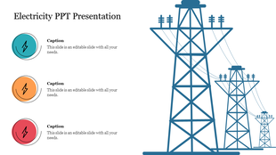 Illustration of electrical transmission towers, with three colorful circular icons in blue, orange, and red.