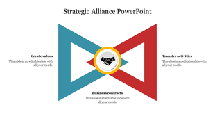 Symmetrical red and blue triangle design with handshake icon at center, representing partnership and strategic alliances.