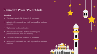 Mosque illustration with yellow and white details, with hanging stars and lanterns on a maroon backdrop.