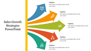 Sales strategy layout showing a vertical line and diverging arrows with distinct icons for strategic focus areas.