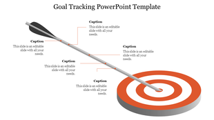 Gray arrow pointing at an orange target with circular rings, surrounded by six captions linked to points.