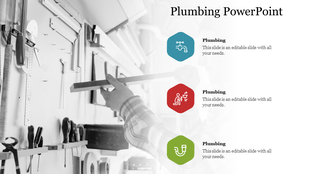 Monochrome image of a workshop with tools on a wall and three colored hexagonal shapes featuring plumbing related icons.