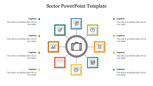Sector PPT slide featuring a central icon of a briefcase surrounded by eight colorful squares with icons and captions.