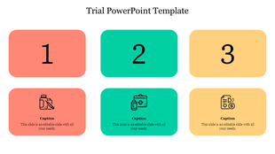 Three top colored rectangles numbered 1 to 3 with matching caption boxes below, in coral, teal, and yellow tones.