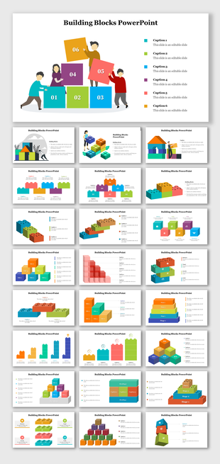 Building blocks PowerPoint slides showcasing colorful blocks and figures representing teamwork in different layout designs.