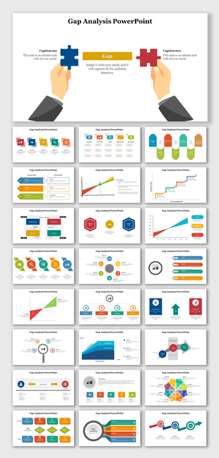 Slide deck on gap analysis featuring various colorful diagrams, charts, and icons illustrating analytical concepts.