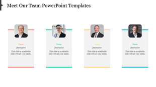 Professional team template with four portrait photos and matching colored borders for each profile section.