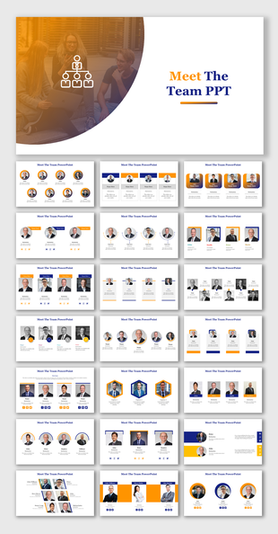 Slide deck with yellow and blue accents showcasing team member profiles, including photos and descriptions in a grid layout.