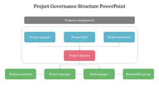 Colorful project governance structure diagram slide highlighting key roles and responsibilities.