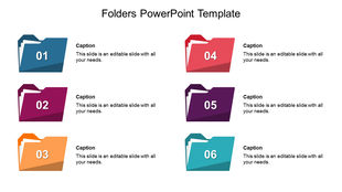 Six colorful folder icons arranged in two columns, each with a number and caption beneath it on a white background.