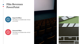 Layout with a theater seating photo, clapperboard image, and two text sections labeled imported and domestic films.