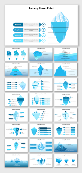 Iceberg themed slide deck with blue toned diagrams, showcasing layered concepts and hierarchical data structures.