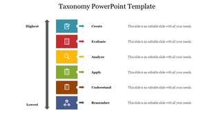 Taxonomy slide featuring a hierarchical structure from remember to create with colored icons and placeholder text.