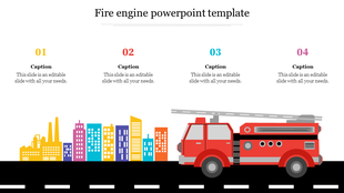 Colorful PowerPoint slide featuring a fire engine with space for captions, set against a city skyline background.