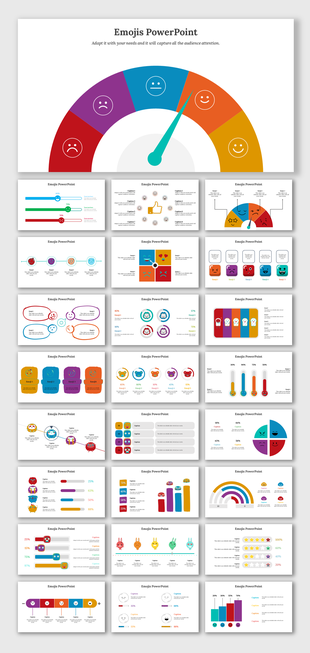 Colorful emojis themed PowerPoint slides showing charts, graphs, and sliders depicting different mood levels.