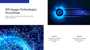 Technology themed slide with HD circuit and globe graphics, a blue digital interface, and editable text sections.