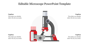 Microscope illustration in a PowerPoint template with caption areas.