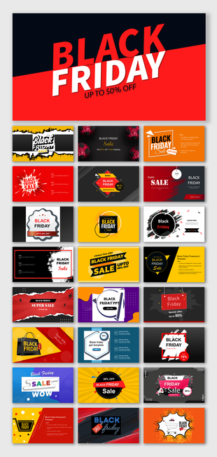 Collection of Black Friday PowerPoint slides featuring sale announcements, vibrant colors, and discount details.