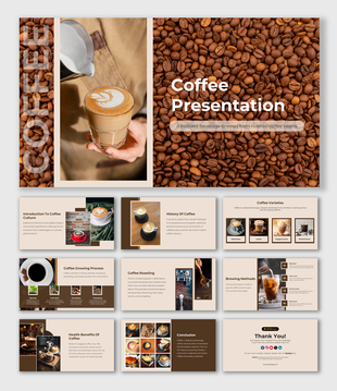 Coffee PowerPoint presentation featuring cover slides with coffee beans and a latte, along with multiple themed layouts.