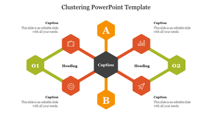 Clustering diagram with six hexagons connected to a central caption hexagon, labeled with icons, headings, and numbers.