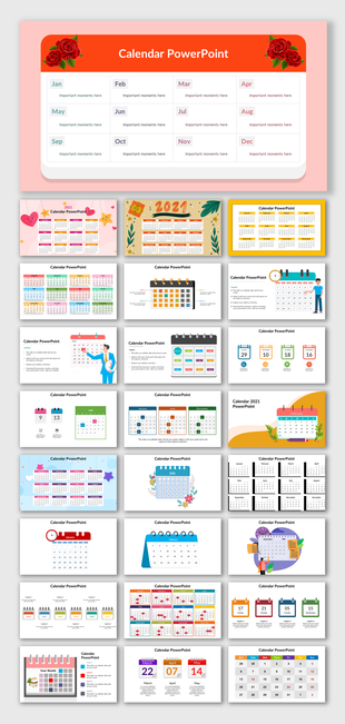 Calendar slide bundle displaying 30 colorful templates with monthly layouts, icons, and various design styles.