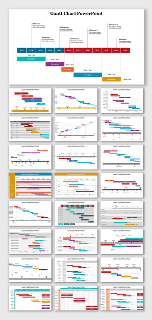 Gantt chart slide deck showing different shapes tracking project progress, with milestones marked throughout the year.