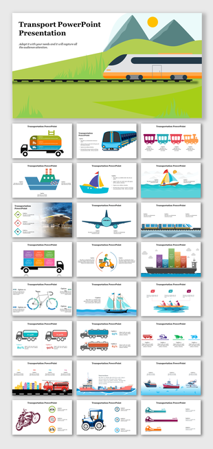 Collection of transport themed slides with various vehicles, including boats, trains, trucks, and planes, with data visuals.