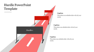 An orange track with black and red hurdles and white arrows, representing progress through obstacles, with three captions.
