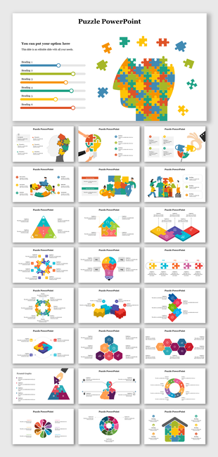 Best colorful puzzle themed PPT slides with various visuals illustrating problem solving concepts and icons with captions.