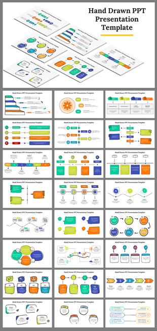 Hand drawn themed with diverse templates for processes, strategies, and infographics, styled with outlines and icons.
