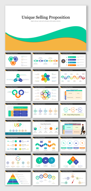 Collection of USP template with multicolor designs, each slide presenting a different strategy visualization for marketing.
