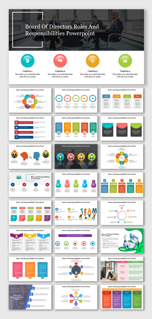 Slide deck displaying RASCI charts, organizational diagrams, and colorful visuals for board and project roles.