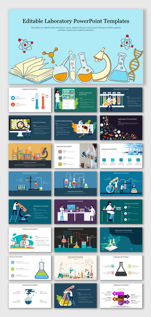 Laboratory themed slide deck with illustrations of lab tools, scientists, and experiments in colorful layouts.