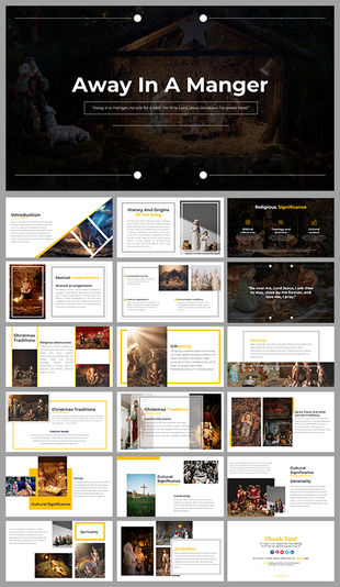 Slide deck preview for a nativity-themed presentation with sections on history and cultural symbolism.