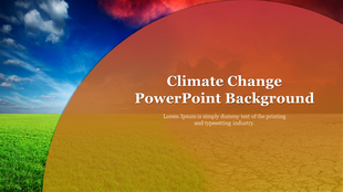 Climate change background slide showing a transition from green fields to dry cracked land under a dramatic sky with text.