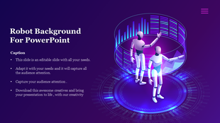 Slide with a futuristic robot background featuring two humanoid robots in a digital, data rich environment.