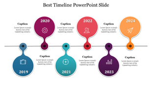 Horizontal timeline with circular year markers from 2019 to 2024, each with icons and captions above or below a black line.
