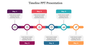 Slide featuring a timeline design with sections for each day, including days 1 to 6, and placeholders with color coded icons.