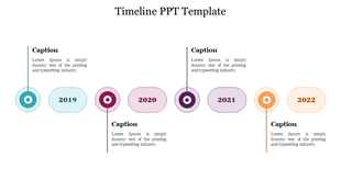 Clean and colorful timeline template showing the years 2019 to 2022 in a circular design with captions.