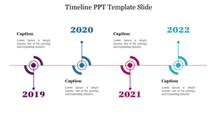 Timeline PowerPoint template with colored circles and years 2019, 2020, and 2022, accompanied by captions.