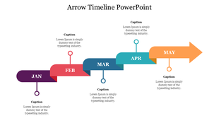 Colorful arrow timeline diagram slide with months and caption sections for each period from January to May.