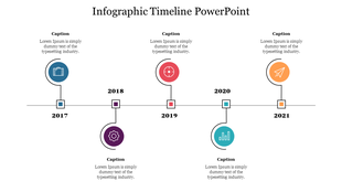 Timeline with circular icons in blue, purple, red, teal, and orange for each year, connected by a line, and captions.