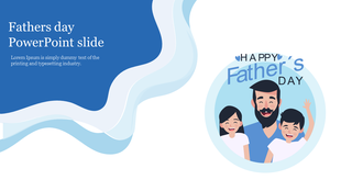 Father’s Day slide with illustrated dad and two children inside a circular frame and wavy blue background on the left.