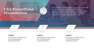 FAQ slide with a modern gradient overlay, featuring a blurred background of a team meeting and three captions below.