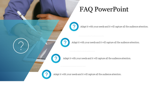 A FAQ slide design featuring question mark icons, a background image of a person working on a tablet, and space for text.